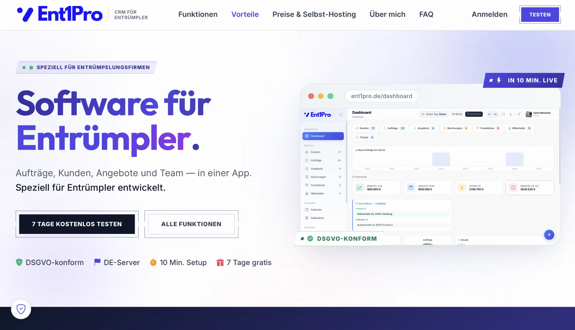 Startseite von Ent1Pro: «Software für Entrümpler» neben einem Bildschirmfoto des Dashboards mit Kunden, Aufträgen und Umsatzzahlen