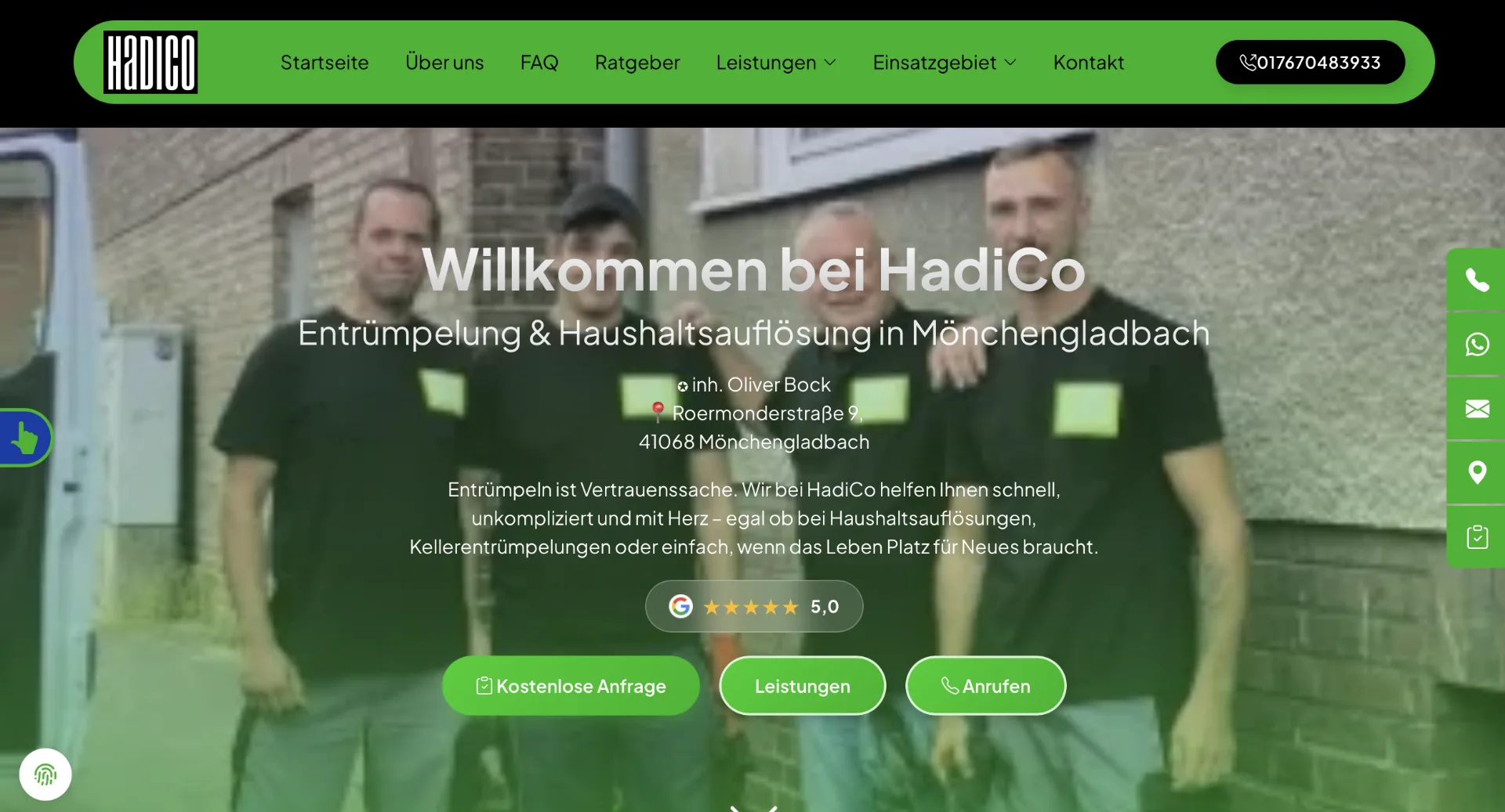 Startseite von HadiCo: das Team vor dem Transporter, darüber «Entrümpelung & Haushaltsauflösung in Mönchengladbach» und die Google-Bewertung 5,0